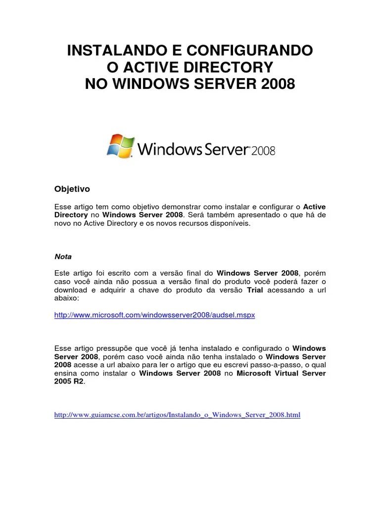 Microsoft Windows Server 2008 R2 - Instalação E Configuração Do Active ...