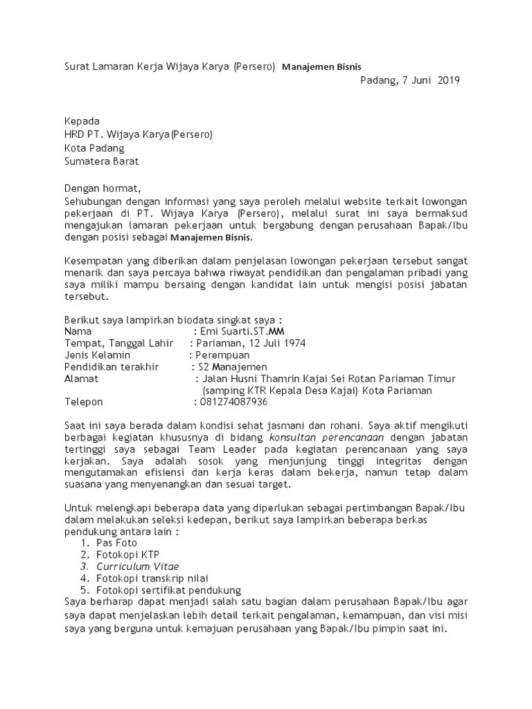 Contoh Surat Lamaran Kerja Pt Wika Contoh Surat 