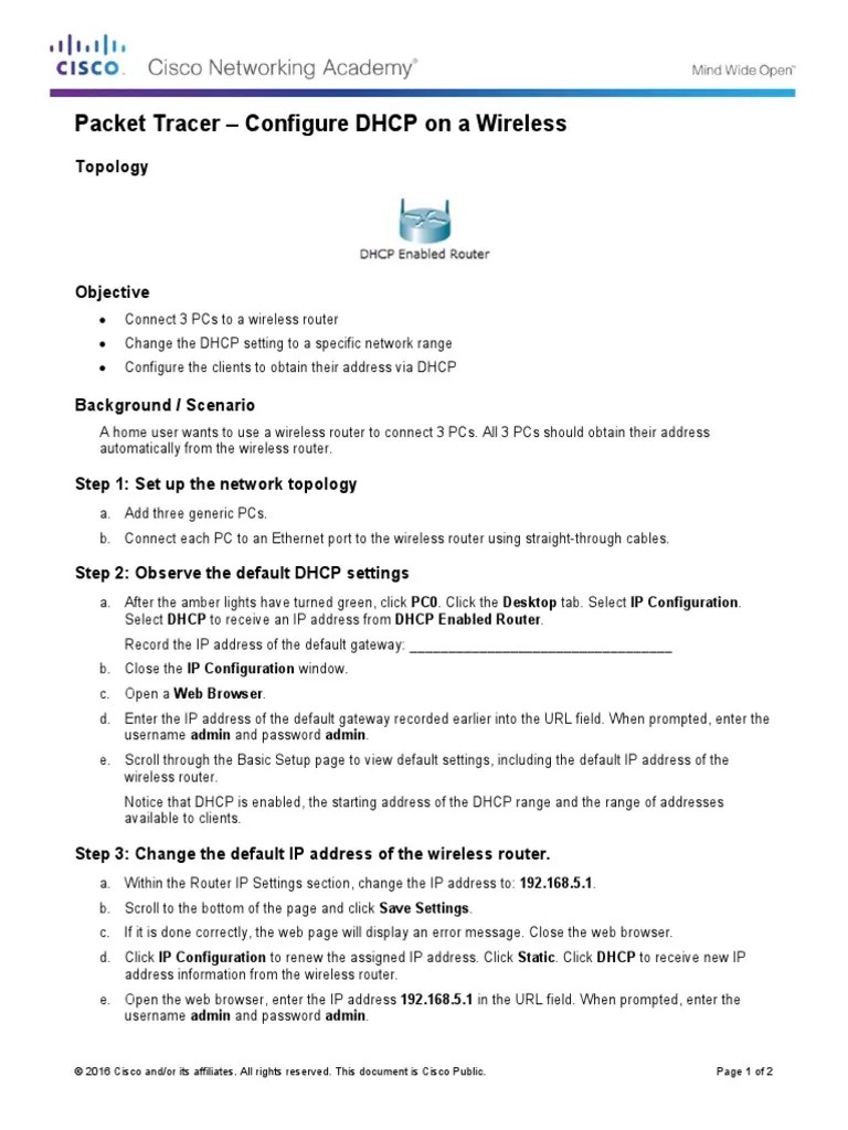 4.3.3.3 Packet Tracer - Configure DHCP On A Wireless Router | Download ...