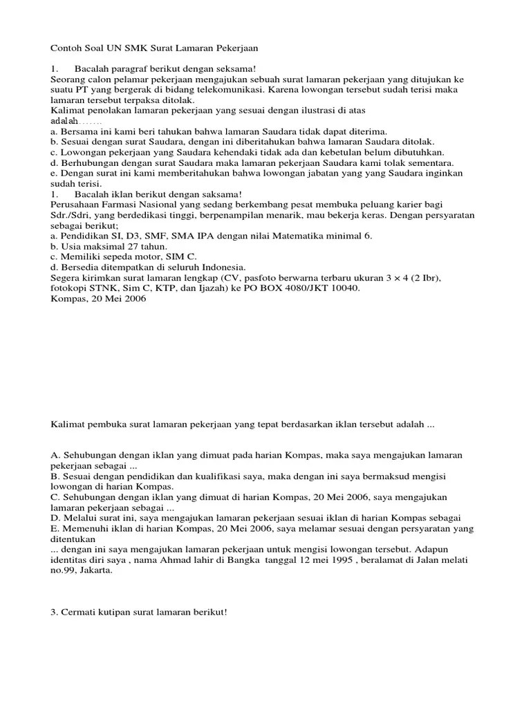 Soal un bahasa indonesia sma tahun 2011/2012 ayudya arumsari & gansar. Contoh Soal Un Smk Surat Lamaran Pekerjaan Pdf