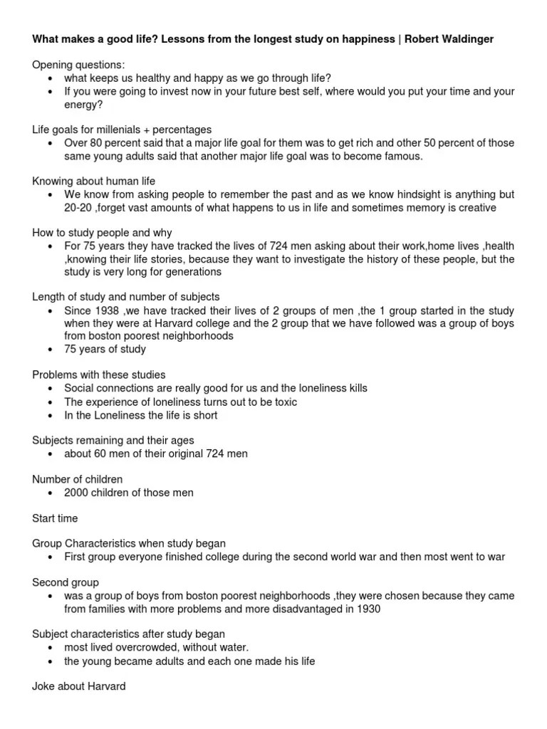 What Makes A Good Life? Lessons From The Longest Study On Happiness - Robert Waldinger | PDF ...