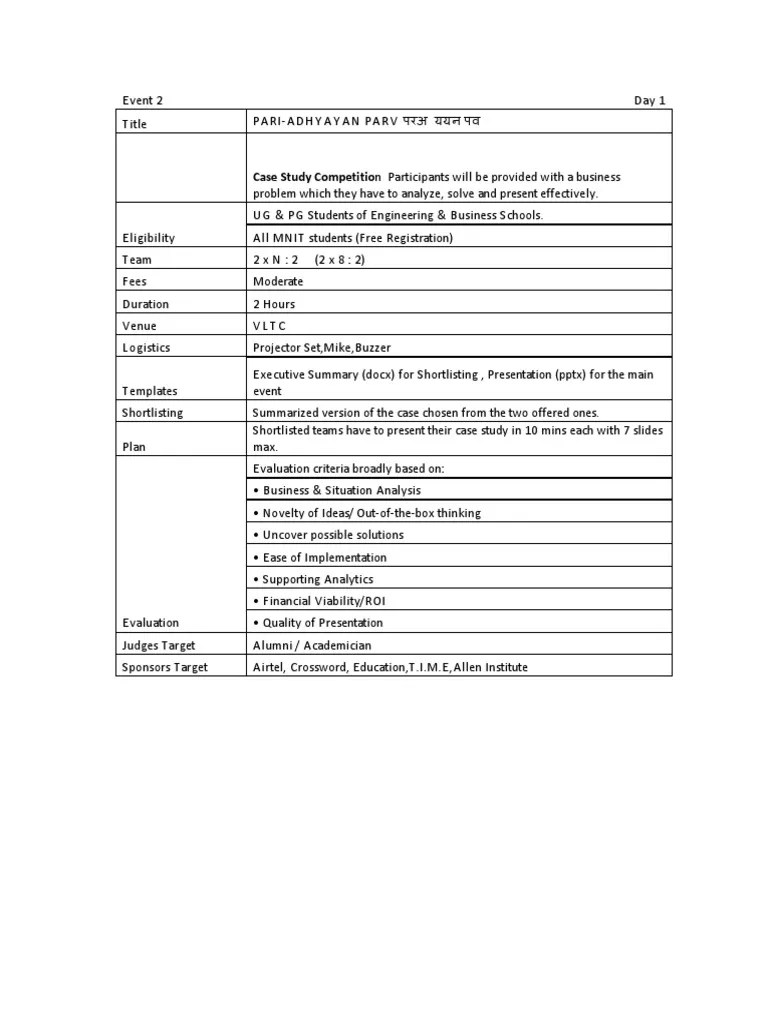 Case Study Competition Participants Will Be Provided With A Business