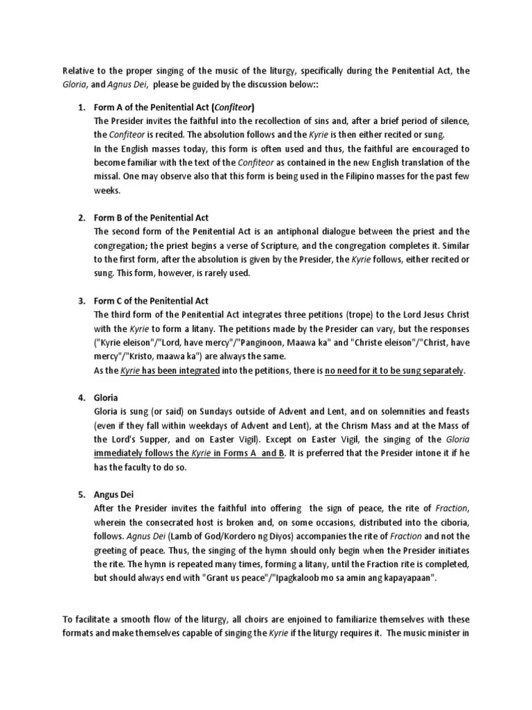Form A Of The Penitential Act (Confiteor) : Gloria, And Agnus Dei, Please Be Guided By The ...