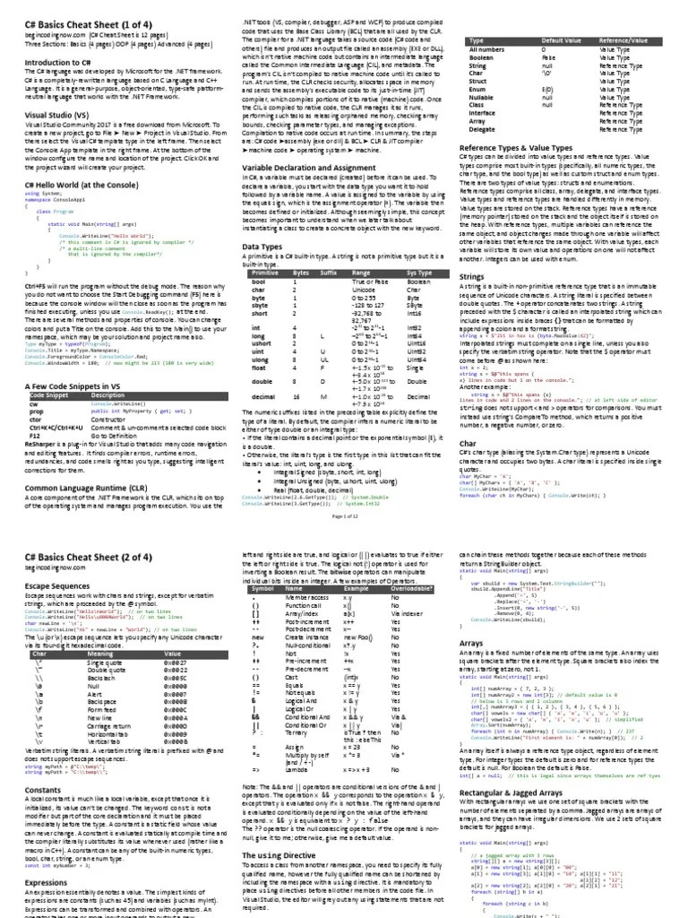 C# Cheat Sheet | PDF | C Sharp (Programming Language) | Data Type
