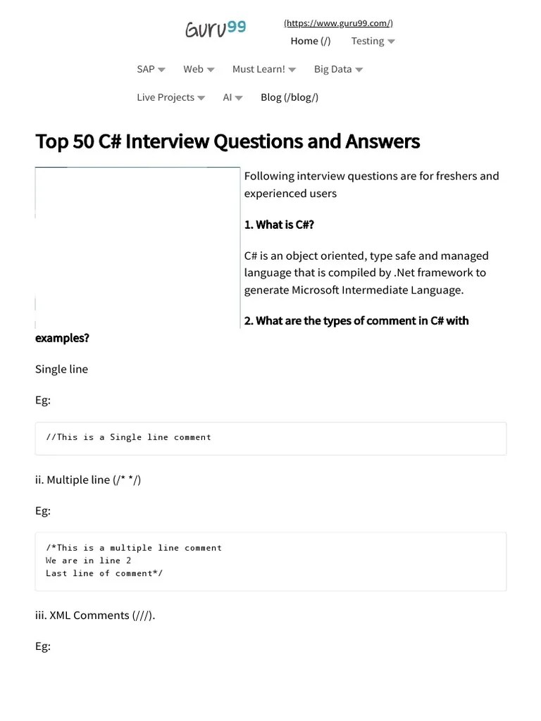Top 50 C# Interview Questions And Answers | Download Free PDF | Class ...