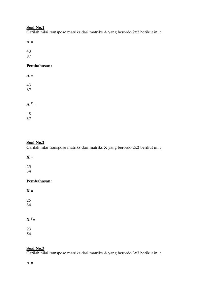 Maka transpose matriks a (ubah kolom menjadi baris): Contoh Soal Transpose Pdf