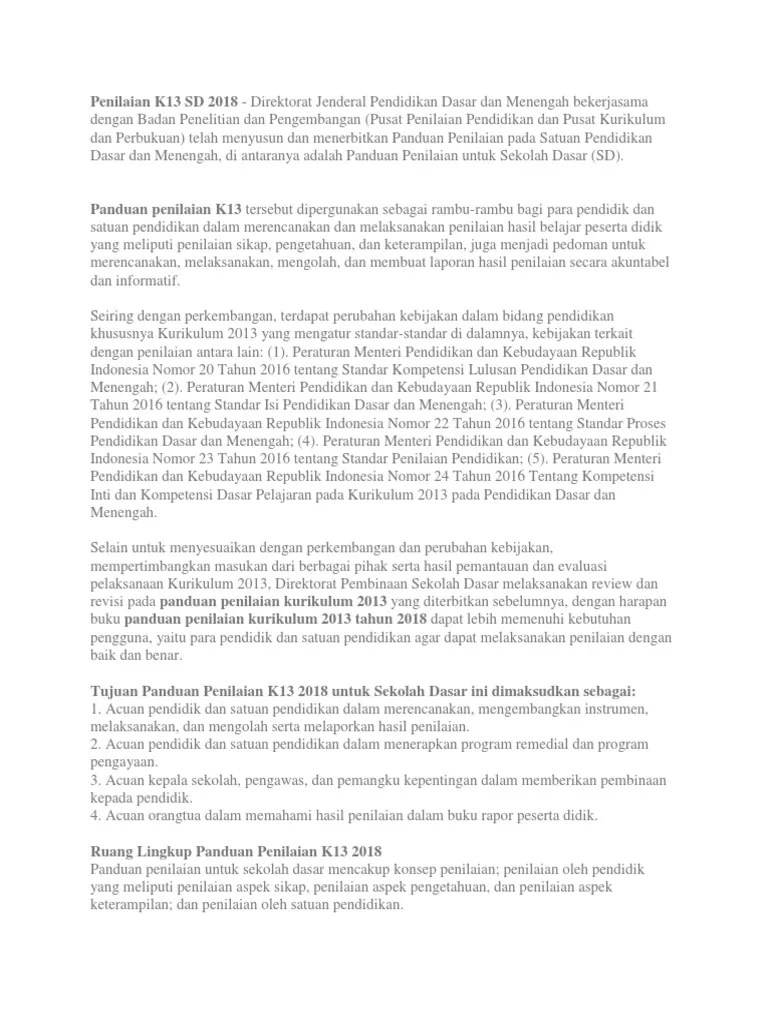 Direktorat pembinaan sekolah dasar, ditjen dikdasmen, . Penilaian K13 Sd 2018