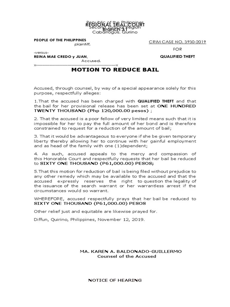 Motion To Reduce Bail | PDF | Bail | Search Warrant
