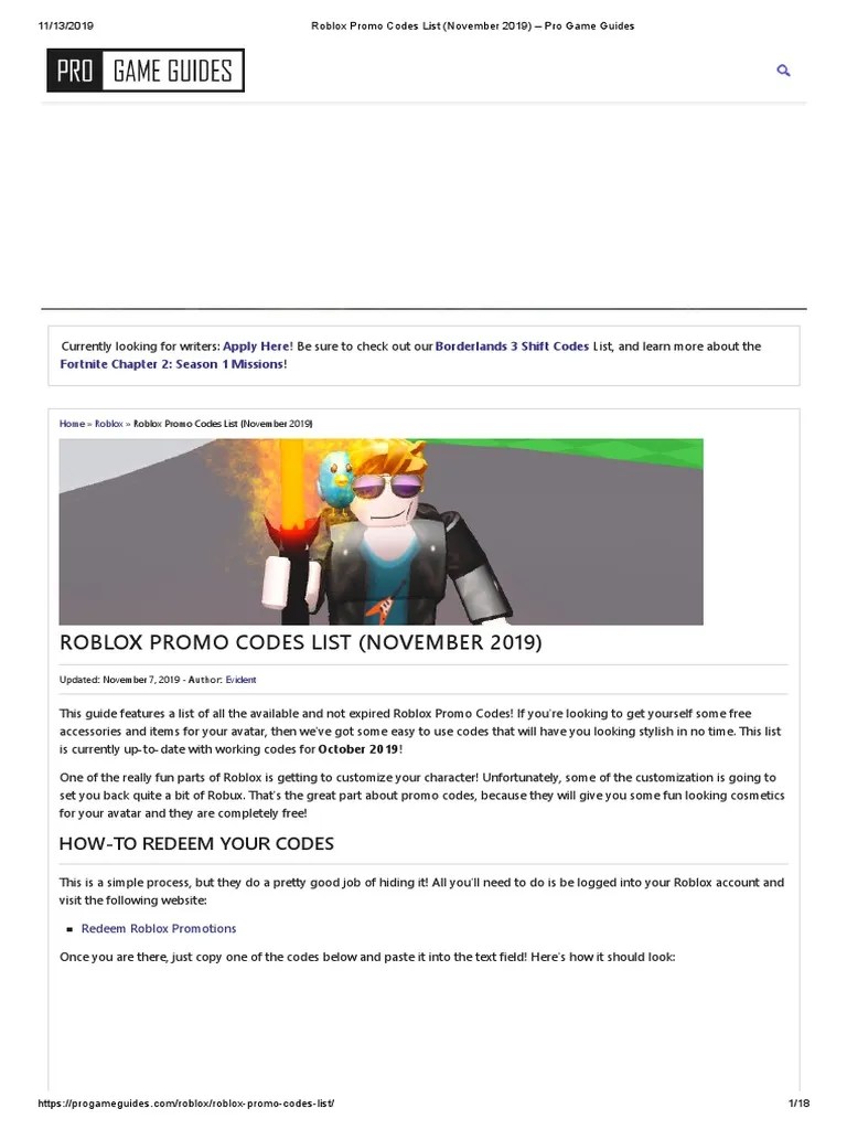 Roblox Promo Codes List November 2019 Pro Game Guides PDF PDF 1