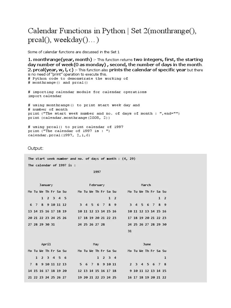 Calendar Functions In Python - Set 2 (Monthrange, Prcal, Weekday ...