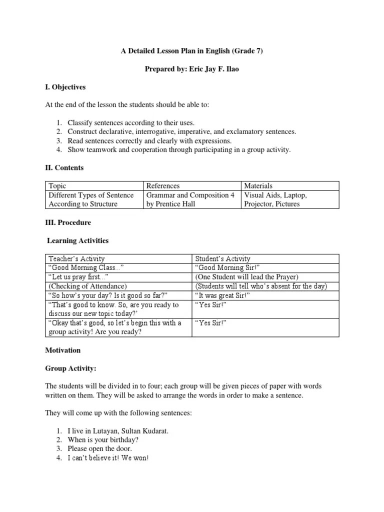 For students, learning to tell time can be difficult. A Detailed Lesson Plan In English Pdf Question Lesson Plan