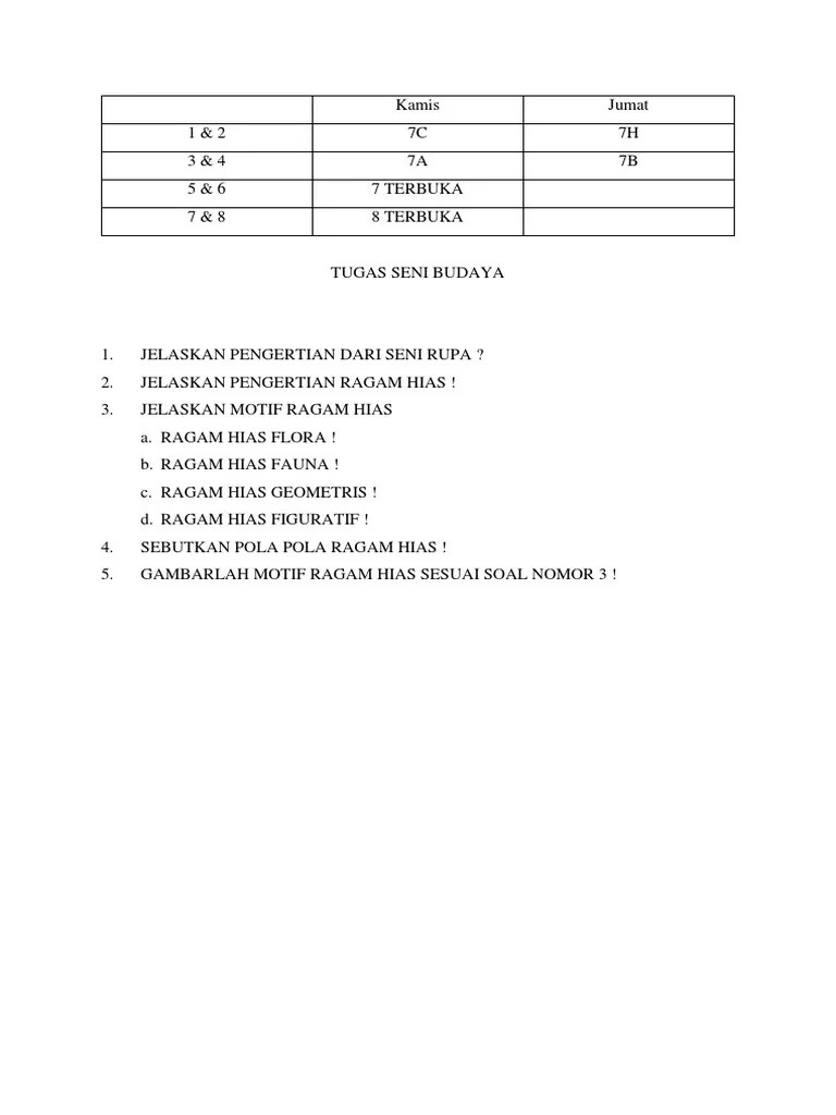 Nah biar kalian tidak penasaran dengan materi seni budaya pada kelas 10 mulai dari semester 1 dan 2 berikut ini daftar isi lengkap sekaligus bisa anda download sebagai bahan untuk belajar. Tugas Seni Budaya Kelas 7