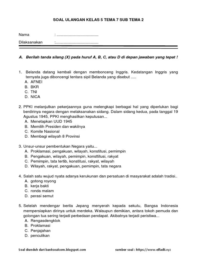 Soal Ulangan Kelas 5 Tema 7 Sub Tema 2 | PDF