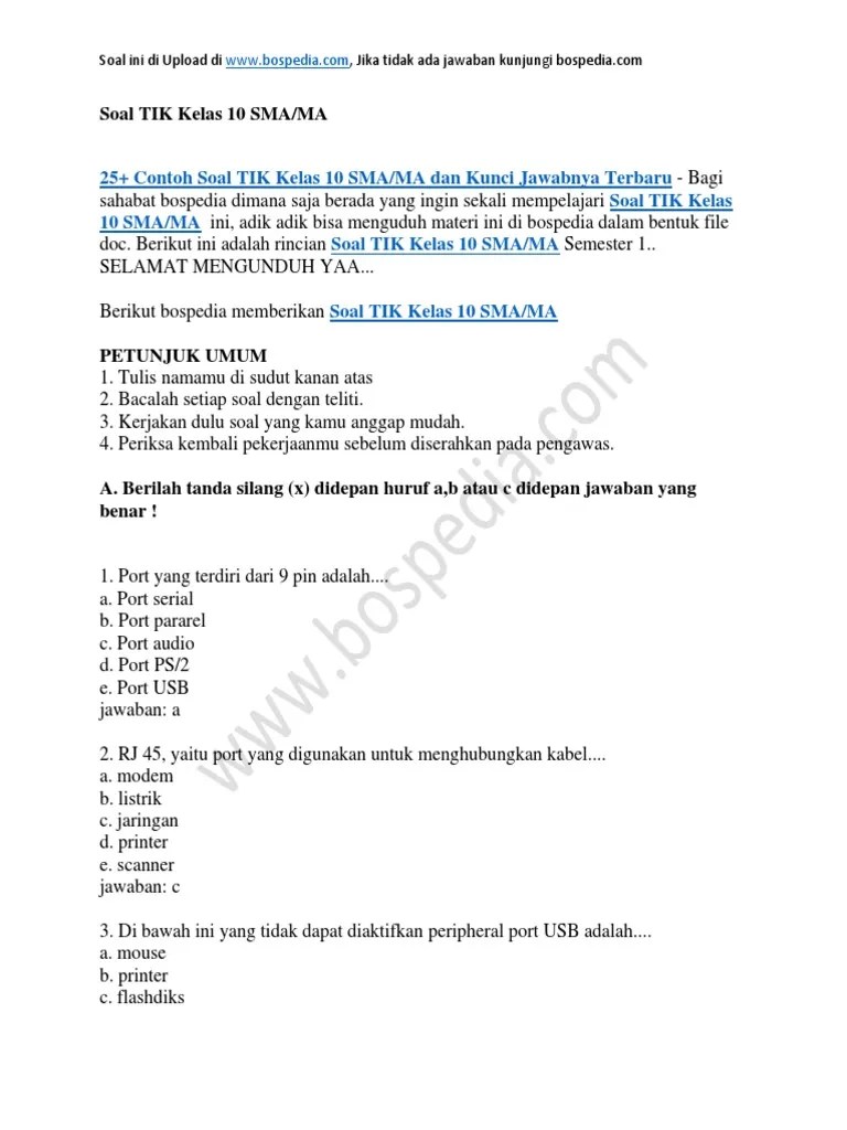1 latihan soal uas tik kelas x a. 25 Contoh Soal Tik Kelas 10 Sma Ma Dan Kunci Jawabnya Pdf