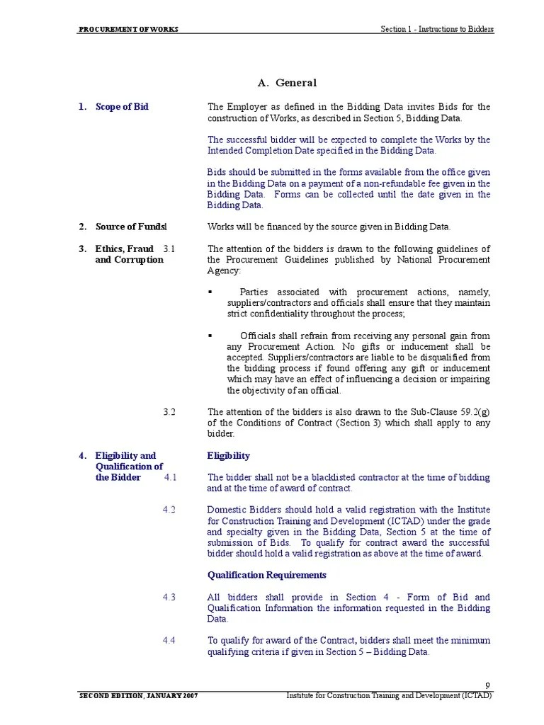 Section-1 (Instructions To Bidders) SBD - 1 | PDF | Construction Bidding | Procurement