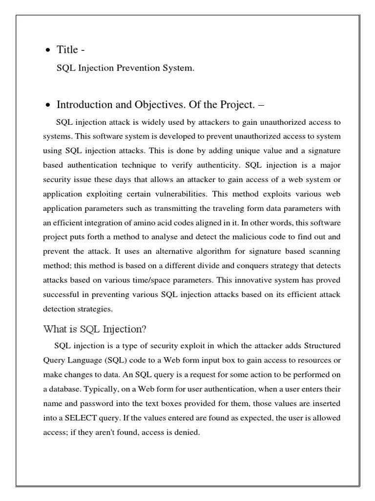 SQL Injection Prevention System Synopsis | PDF | Databases | Web ...