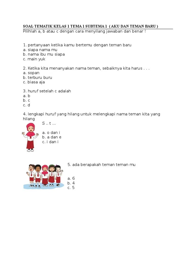 Soal Kelas 1 Tema 1 Diriku Simulasi PKN Bindo MTK | PDF