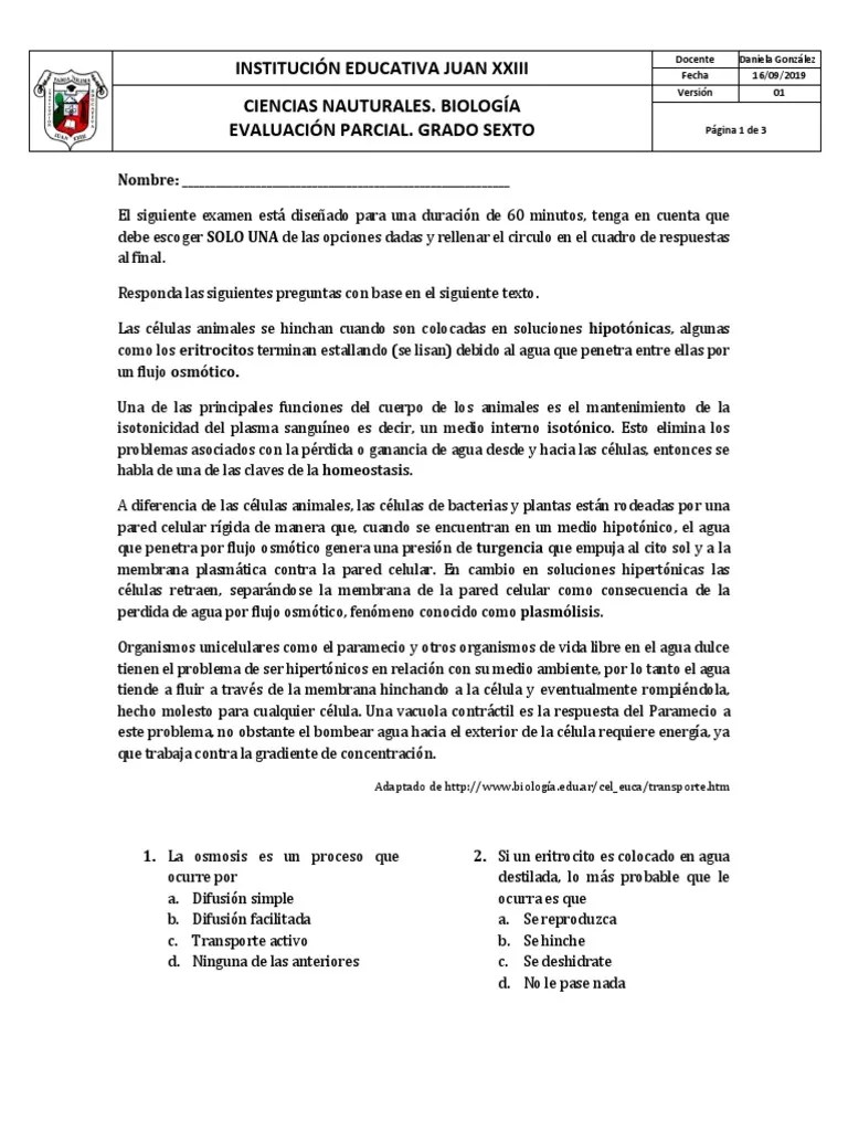 Examen Unal Membrana | PDF | Biología Celular) | Membrana Celular