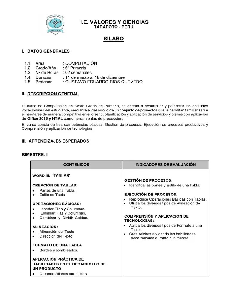 SILLABUS DE TEMAS DE COMPUTACIÓN 6to PRIMARIA | PDF | Programa De ...