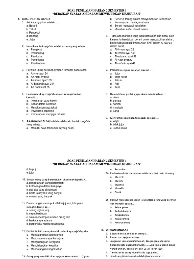 Soal ini sudah terdiri dari soal pilihan ganda dan soal essay. Soal Pg Syaja Ah Kelas 11 Masnurul