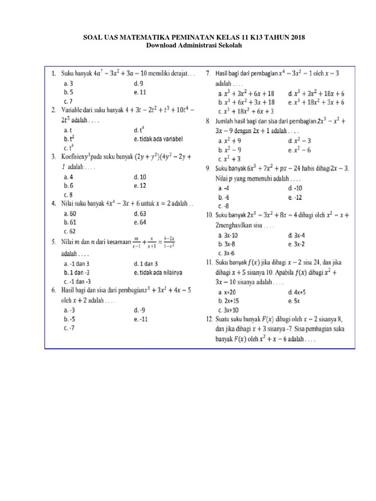 Halaman ini memuat materi matematika sma kurikulum 2013 revisi (peminatan). Soal Uas Matematika Peminatan Kelas 11 Semester 1