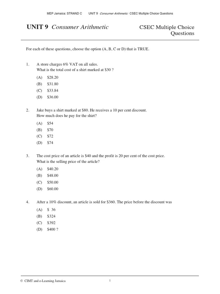 Consumer Arithmetic Multiple Choice Csec | PDF | Prices | Business ...