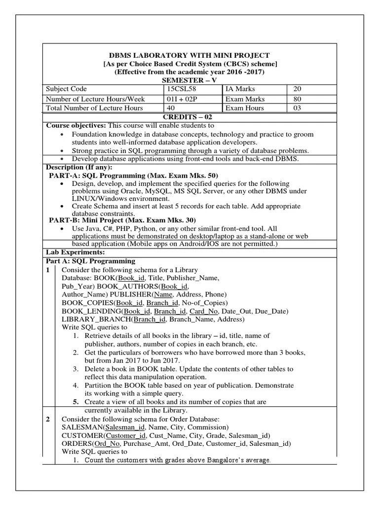 Cs8481 Dbms Lab Manual Print Cs8481 Database Management Systems Laboratory Ex No 1 A Data Definition Mands Aim Procedure Ddl Is Used To Create Course Hero 