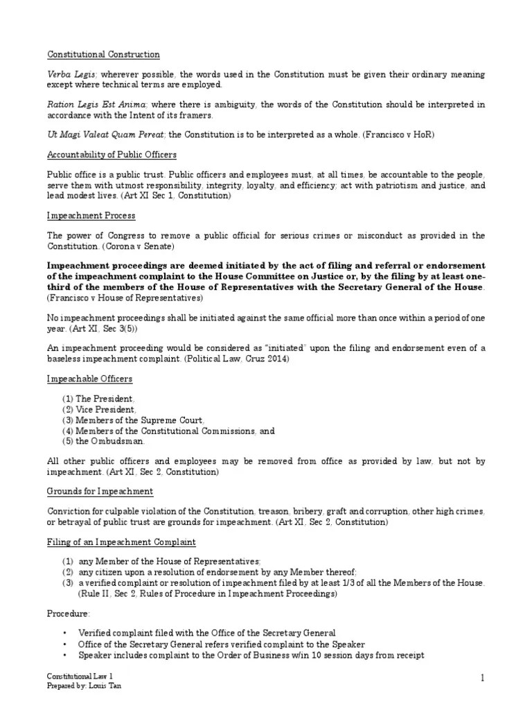 Constitutional Law 1 Reviewer | PDF | Constitutional Amendment | Impeachment