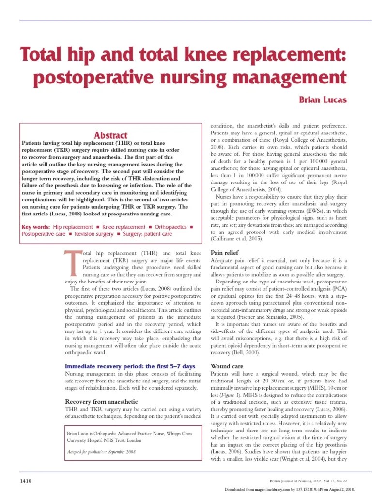 Total Hip And Total Knee Replacement Post Operatif Nursing Management | PDF | Surgery | Anesthesia