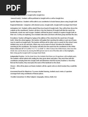 Open google earth and type in each of the following locations. Google Earth Scavenger Hunt Lesson Plan 1 Pdf