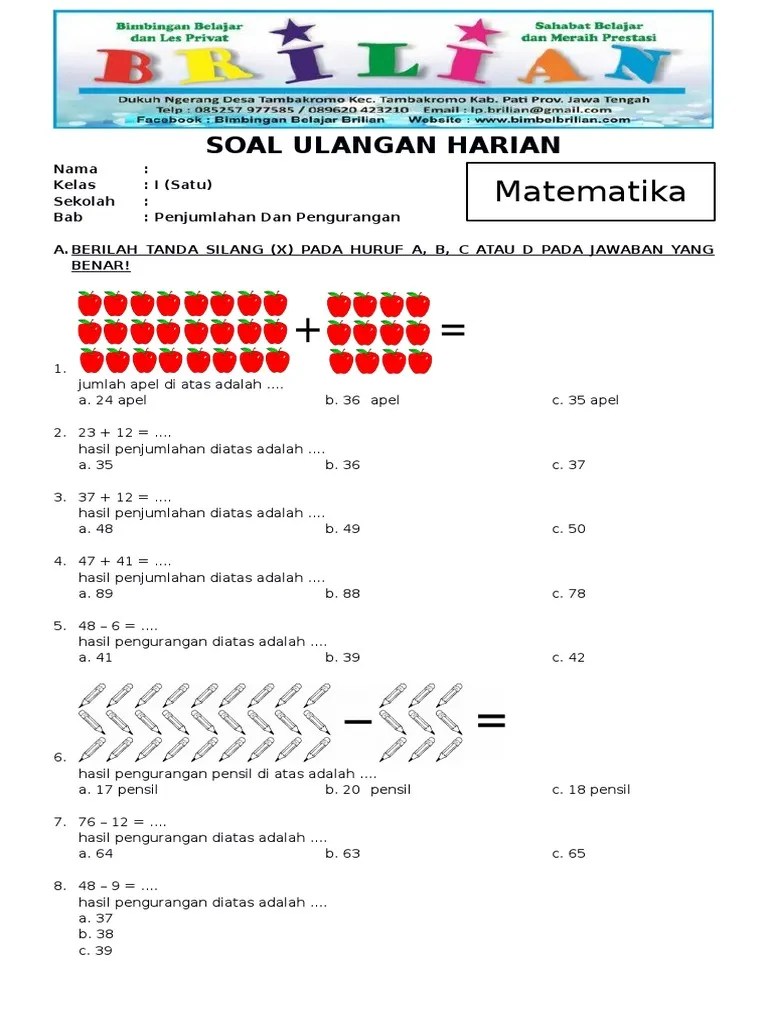 Tahukah kamu gambar pada nomor 2 tersebut berbentuk bangun? Soal Matematika Kelas 1 Sd Penjumlahan Dan Pengurangan Pdf 2021 Revisi Id