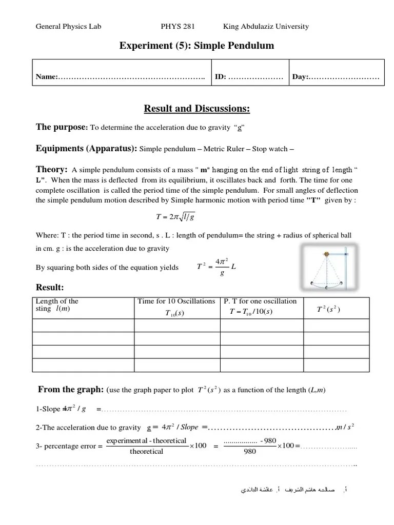 Experiment (5) Simple Pendulum PDF | PDF