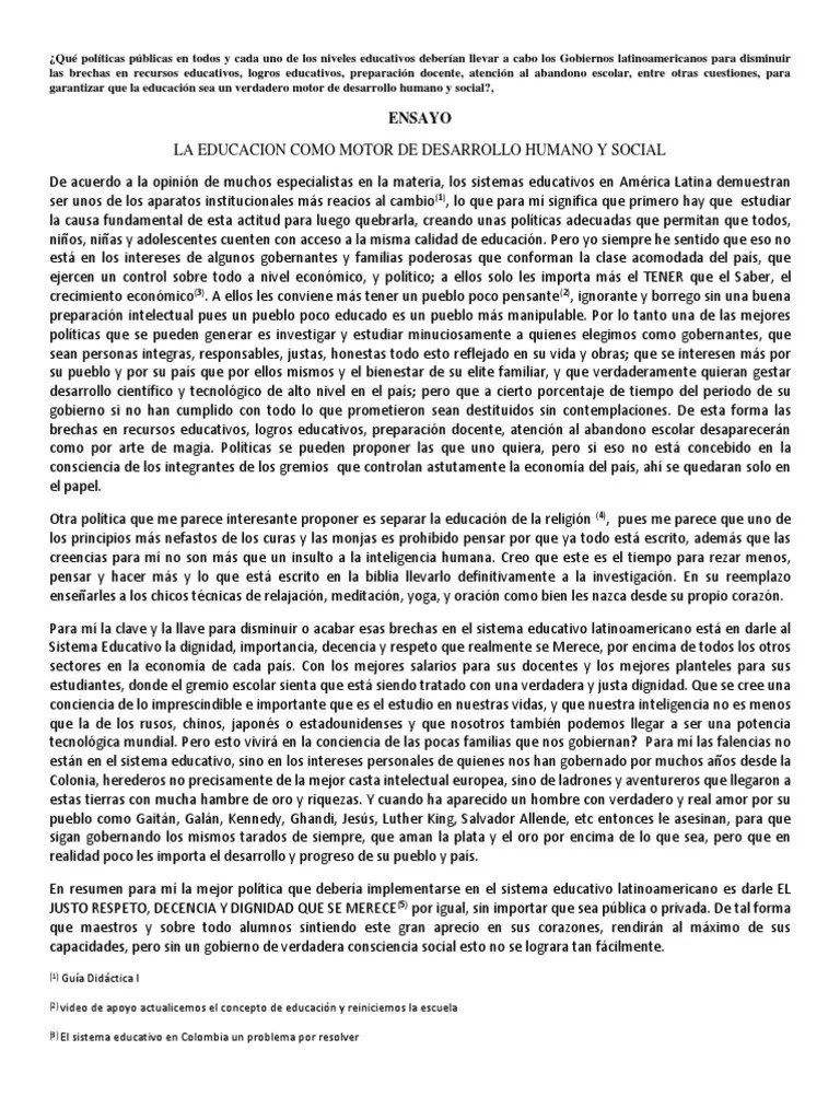 Ensayo Educacion Motor De Desarrollo Humano Y Social | PDF | America Latina | Educación Avanzada