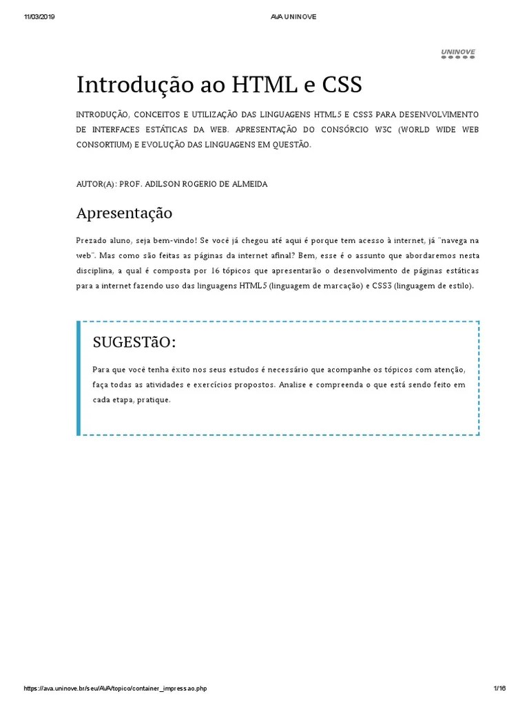 01 Introducao Ao Html E Css Pdf Html Folhas De Estilo Em Cascata