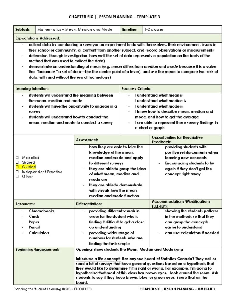 Mean Median And Mode Lesson Plan | PDF | Median | Mean