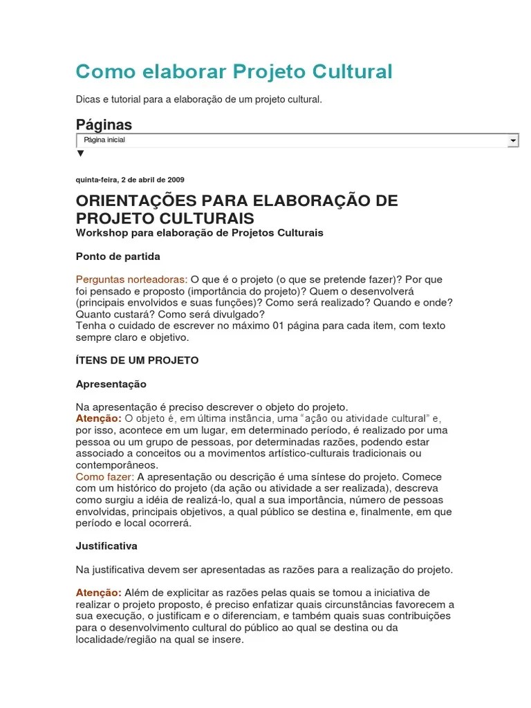 Como Elaborar Um Projeto Cultural | PDF | Orçamento | Segmentação De ...