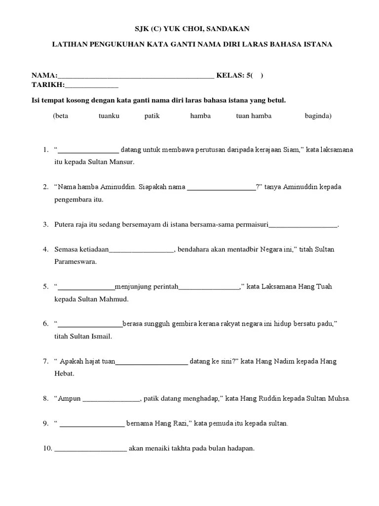 Tahun 4 latihan ​kata ganti nama diri 四年级国语人称代名词练习题. Latihan Kata Ganti Nama Diri Laras Istana T5 Pdf