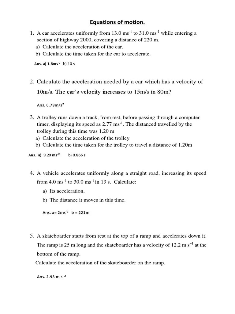 Equations Of Motion Worksheet | PDF