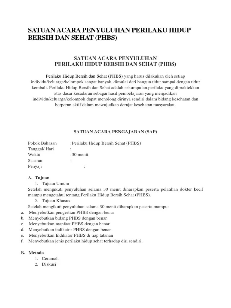 Satuan Acara Penyuluhan Perilaku Hidup Bersih Dan Sehat | PDF