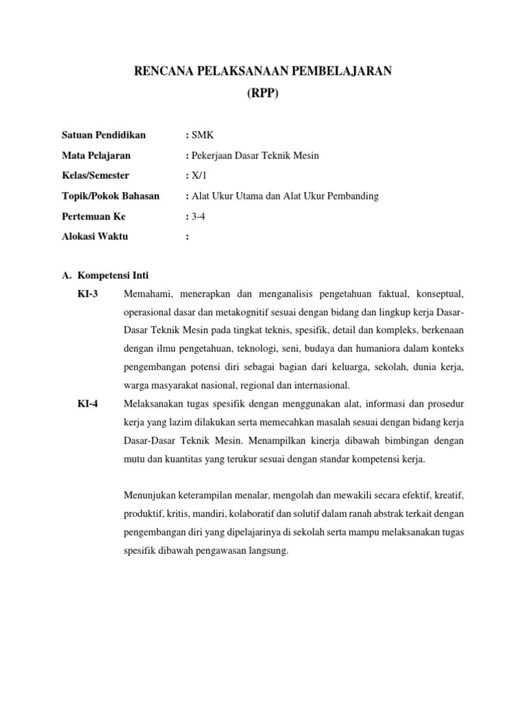Rencana Pelaksanaan Pembelajaran Alat Ukur Utama Dan Alat Ukur Pembanding |  PDF