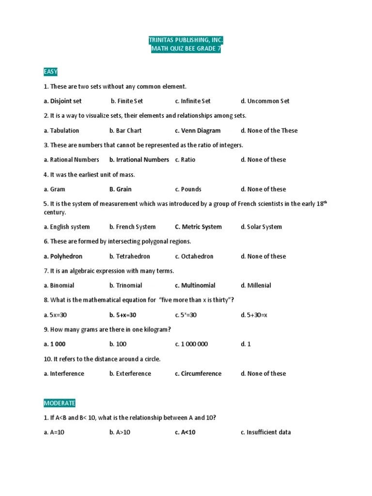 Math Quiz Bee Grade 7 | PDF | Area | Ratio