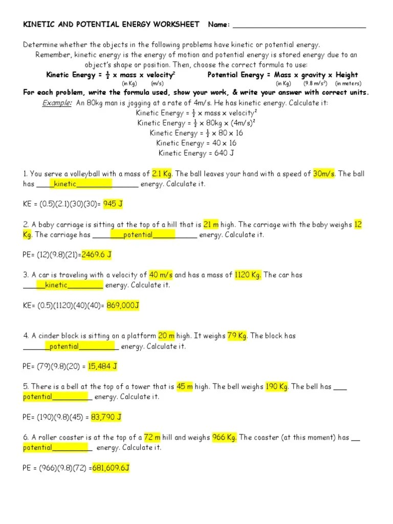 Stored energy or energy due to position is known as. Kinetic And Potential Energy Worksheets Pdf Kinetic Energy Potential Energy