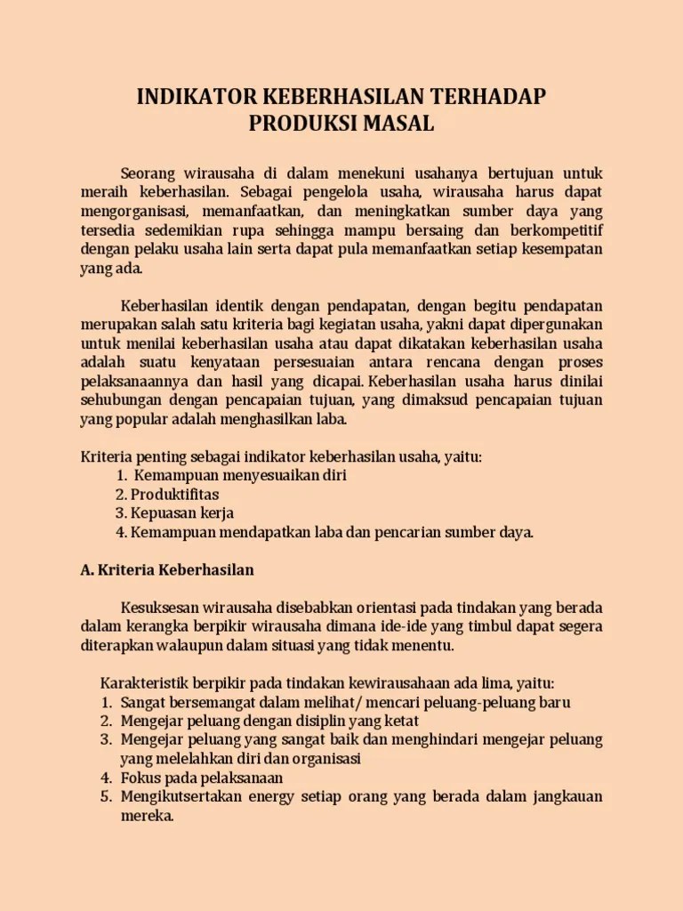 Bahan Ajar KD 3.11 INDIKATOR KEBERHASILAN TERHADAP PRODUKSI MASAL | PDF