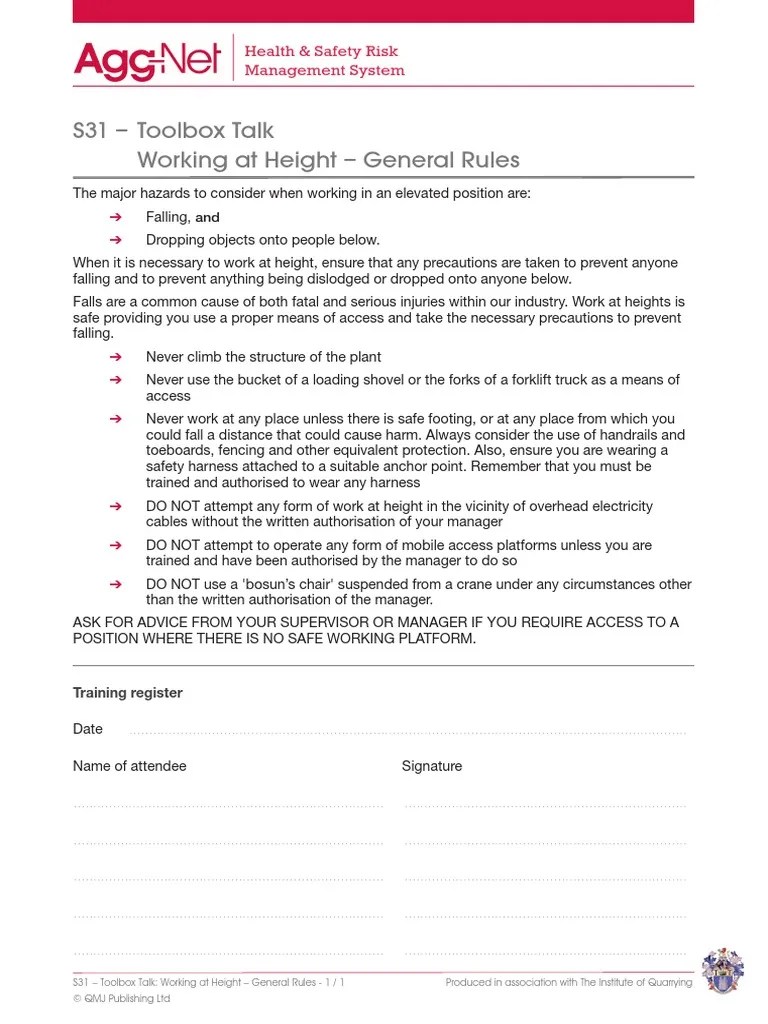 Toolbox Talk - Working At Height General Rules | PDF | Prevention | Safety