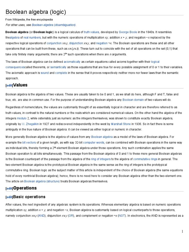 Boolean Algebra (Logic) : Values | PDF | Boolean Algebra | Teaching ...