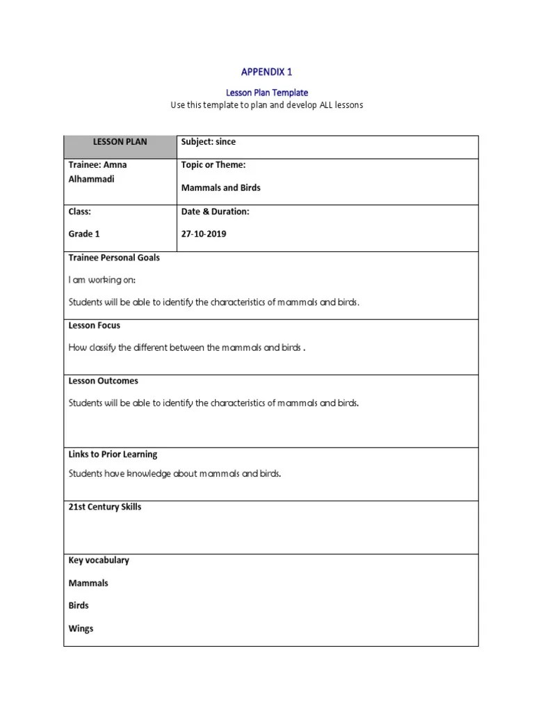Lesson Plan Mammals And Birds | PDF | Lesson Plan | Educational Psychology