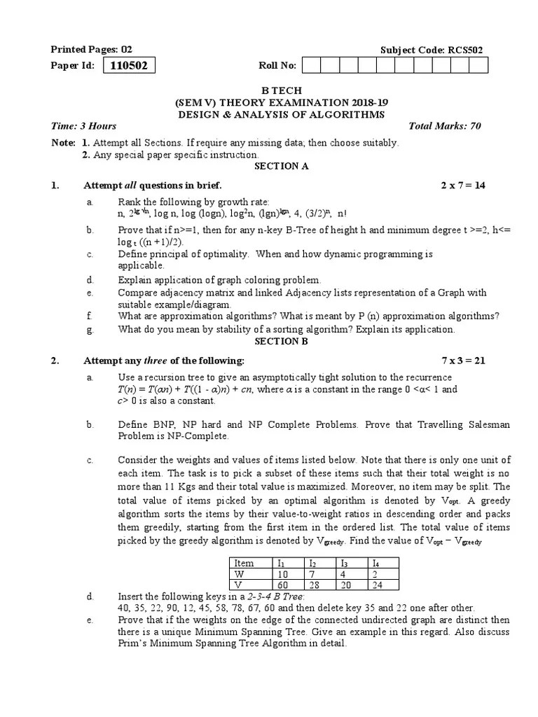 Btech Cs 5 Sem Design And Analysis Of Algorithms Rcs 502 2018 19 | PDF ...