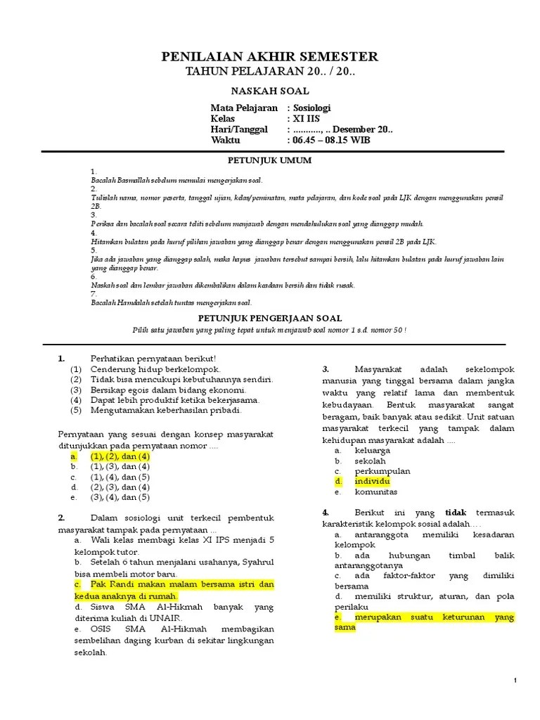 Kisi-kisi Soal Sosiologi Kelas Xi