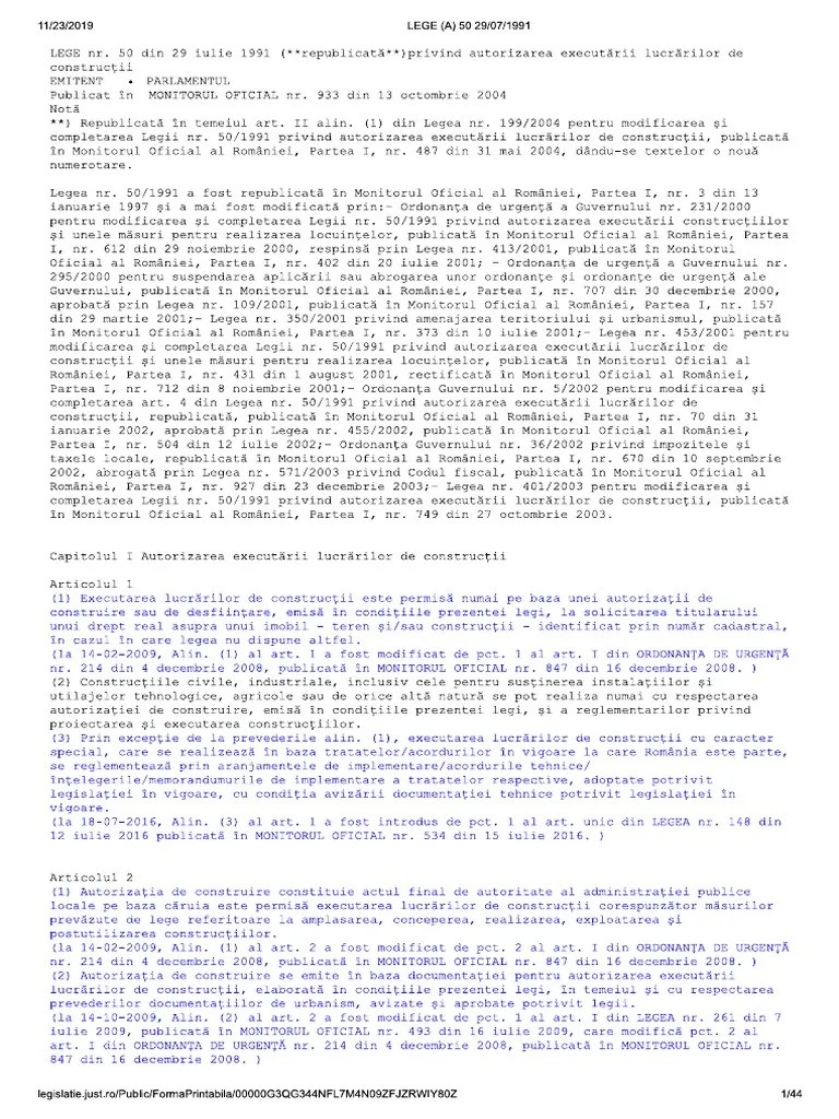Cumpără forma actualizată din 10 decembrie , aprobată cu modificări prin legea nr. Legea 50 1991 Actualizata In Nov 2019 Pdf