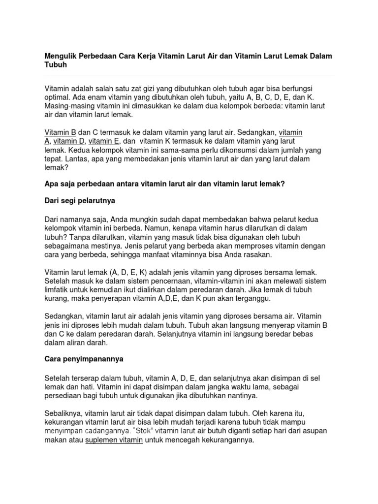 Perbedaan Cara Kerja Vitamin Larut Air Dan Vitamin Larut Lemak | PDF